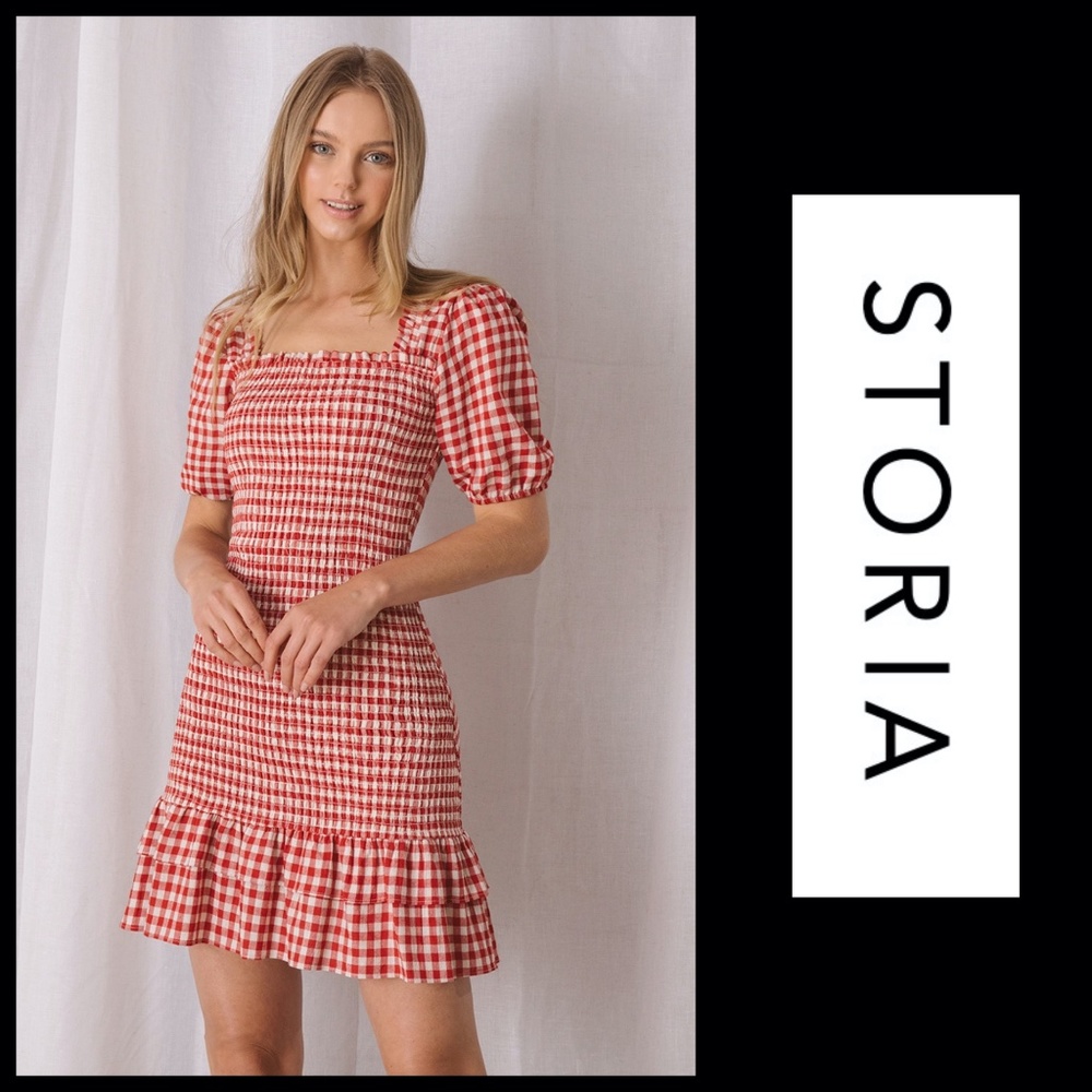 STORIA All Checked Out Smocked Gingham Mini Dress